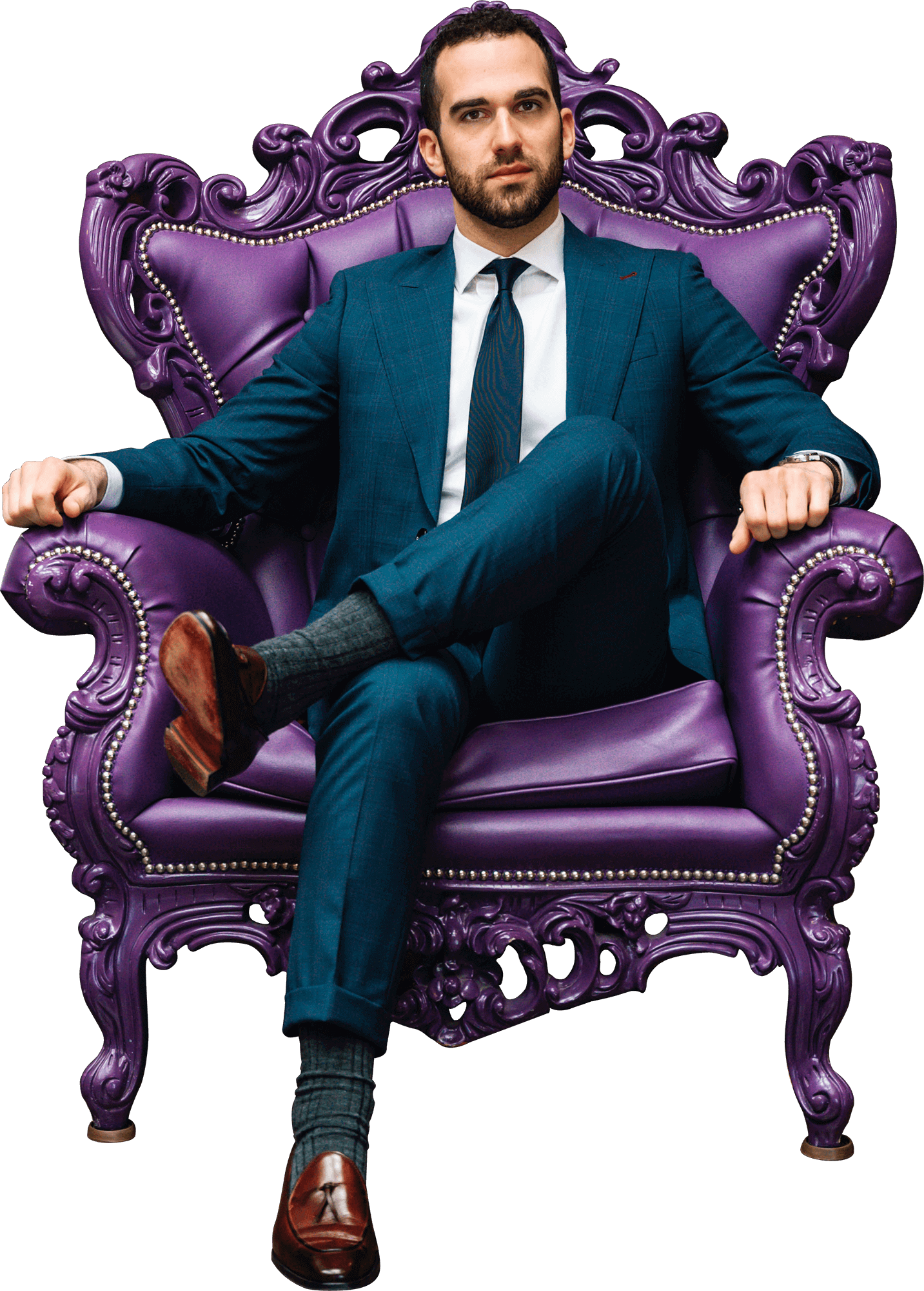 Man Blue Suit Sitting Purple Sofa Chair PNG - Men Businessman PNG