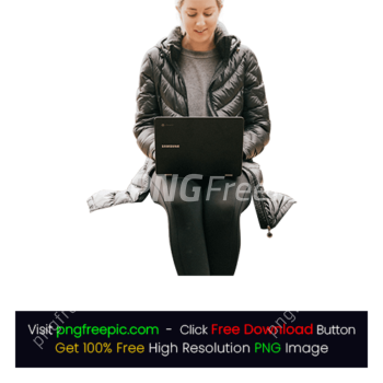 Women Lady Girl Working Laptop Winter Jacket Woman PNG