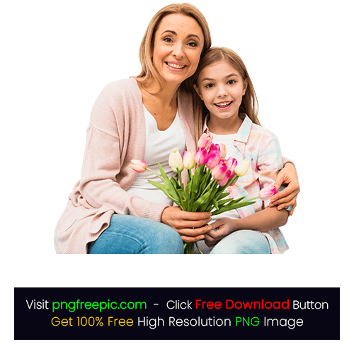 Happy Mother Daughter Hugging Tulips PNG