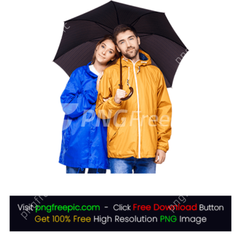 Young Couple Colorful Rain Coats Black Umbrella PNG