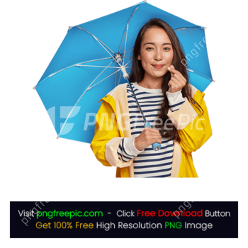 Beautiful Lady Yellow Rain Coat Blue Color Umbrella PNG