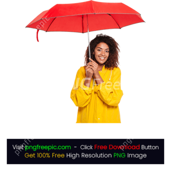 Smiling Woman Yellow Raincoat Under Big Red Umbrella PNG