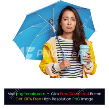 Upset Sad Girl Blue Umbrella Rainy Fall Drinks Coffee Waterproof Raincoat PNG