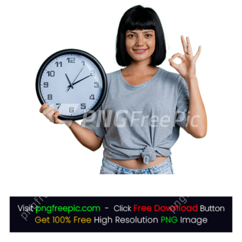 Girl Holds Clock Gestures Ok Hand Sign PNG