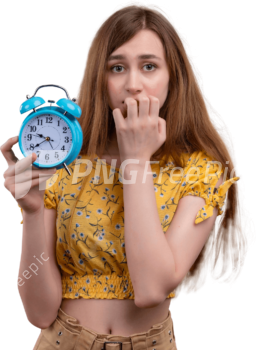 Blue Color Alarm Clock PNG Woman Putting Hand Mouth
