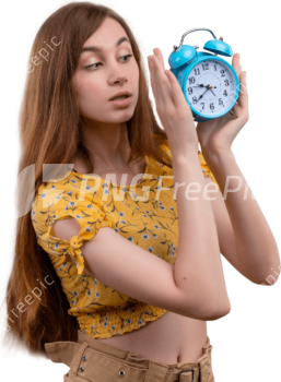 Blue Color Alarm Clock PNG Girl Caring Looking