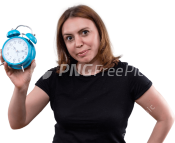 Blue Colored Alarm Clock PNG Showing Casual Woman