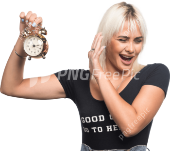 Golden Alarm Clock PNG Woman Pointing Hand