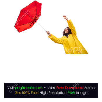 Yellow Raincoat Woman Catching Flying Red Umbrella PNG