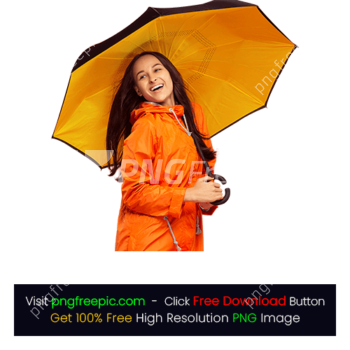 Smiling Girl Orange Jacket Yellow Black Umbrella PNG