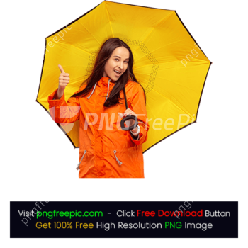 Happy Woman Orange Jacket Black Yellow Umbrella PNG