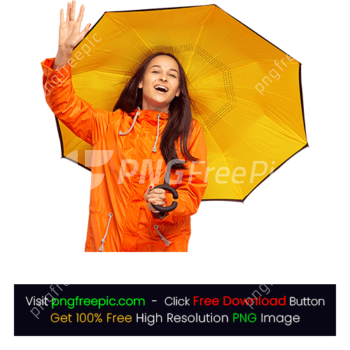 Smiling Girl Autumn Orange Jacket Yellow Umbrella PNG
