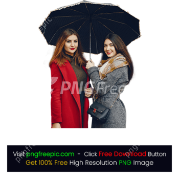 Women Fashion Coat Under Single Black Umbrella PNG