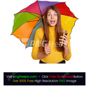 Lady Posing Multicolored Umbrella Coffee Rain PNG