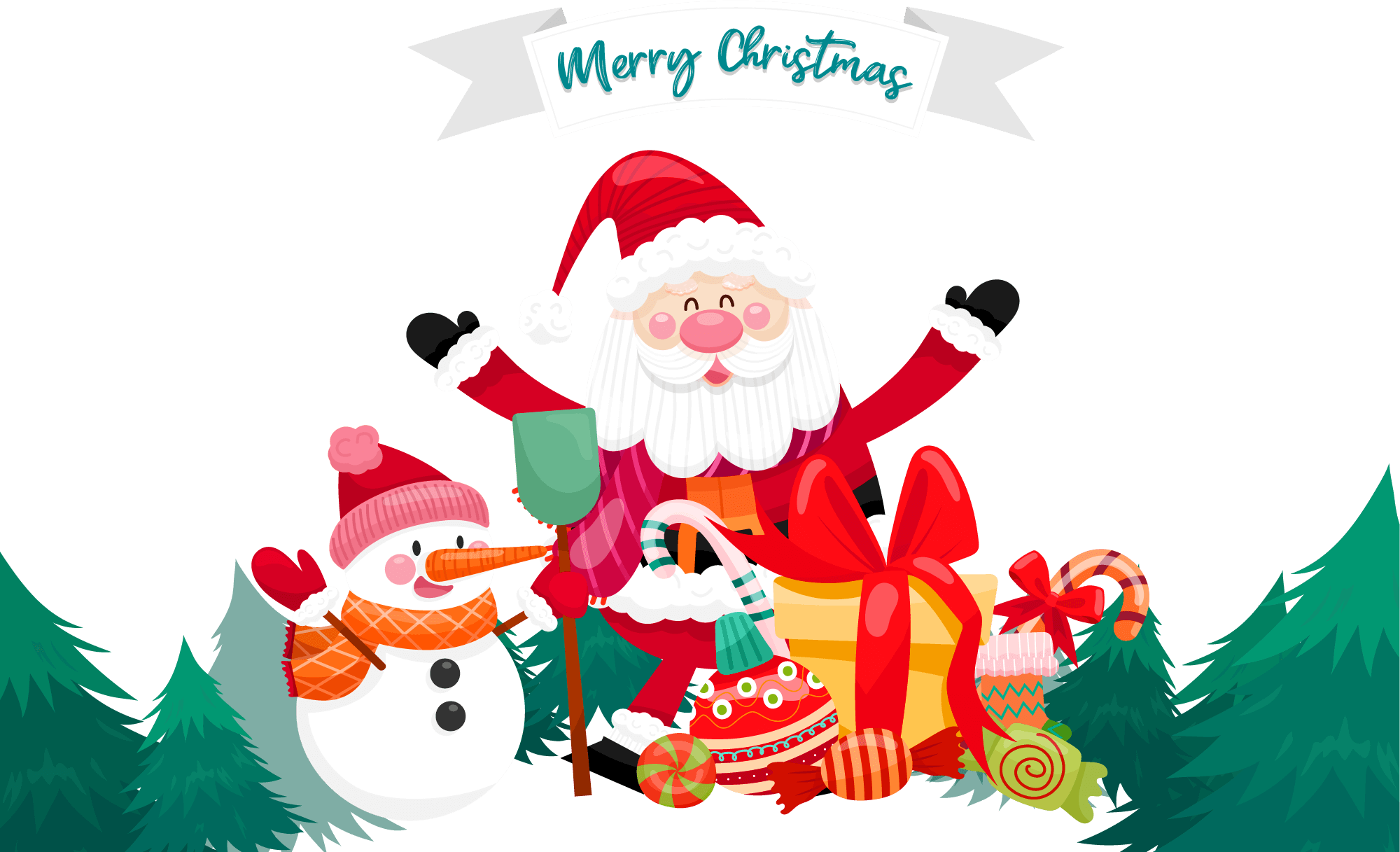 Merry christmas message clipart santa claus snowman vector png